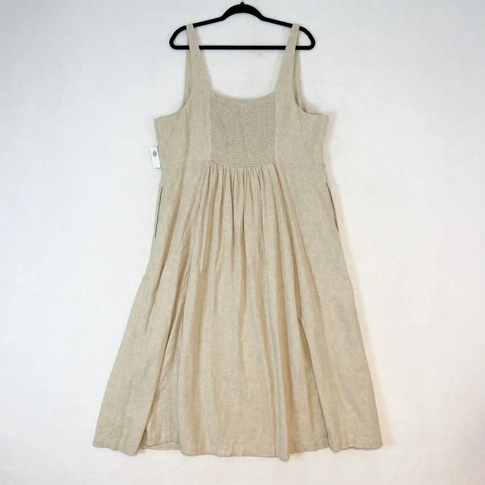 Old‎ Navy Linen Midi Dress Sz XXL Beige Flax Minimalist Capsule Smocked Pockets